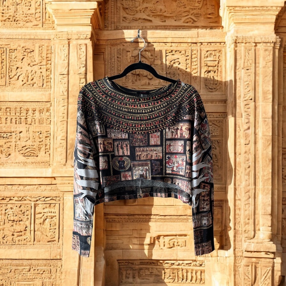 Blush Black/Brown/Beige/Mixed Egyptian Theme Artsy Print Knit Cropped Top - Picture 15 of 16